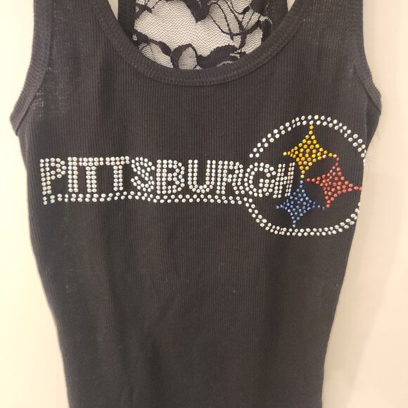 Pittsburgh Steelers Tank Top Lace Racerback Rhinestone Embellished Black Small - Picture 3 of 10